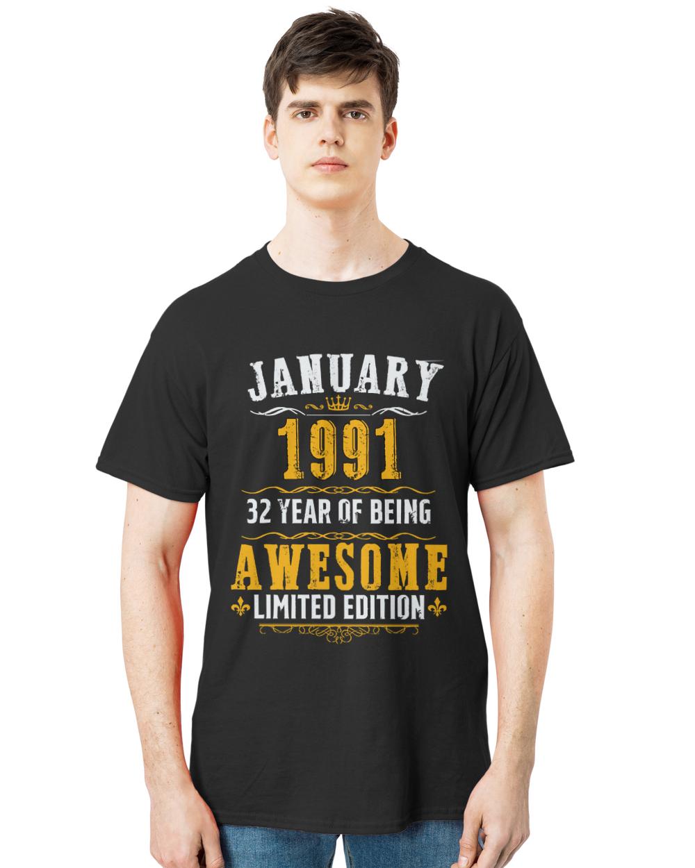 Birthday T- Shirt Vintage January 1991 Limited Edition 32 Th Birthday T- Shirt