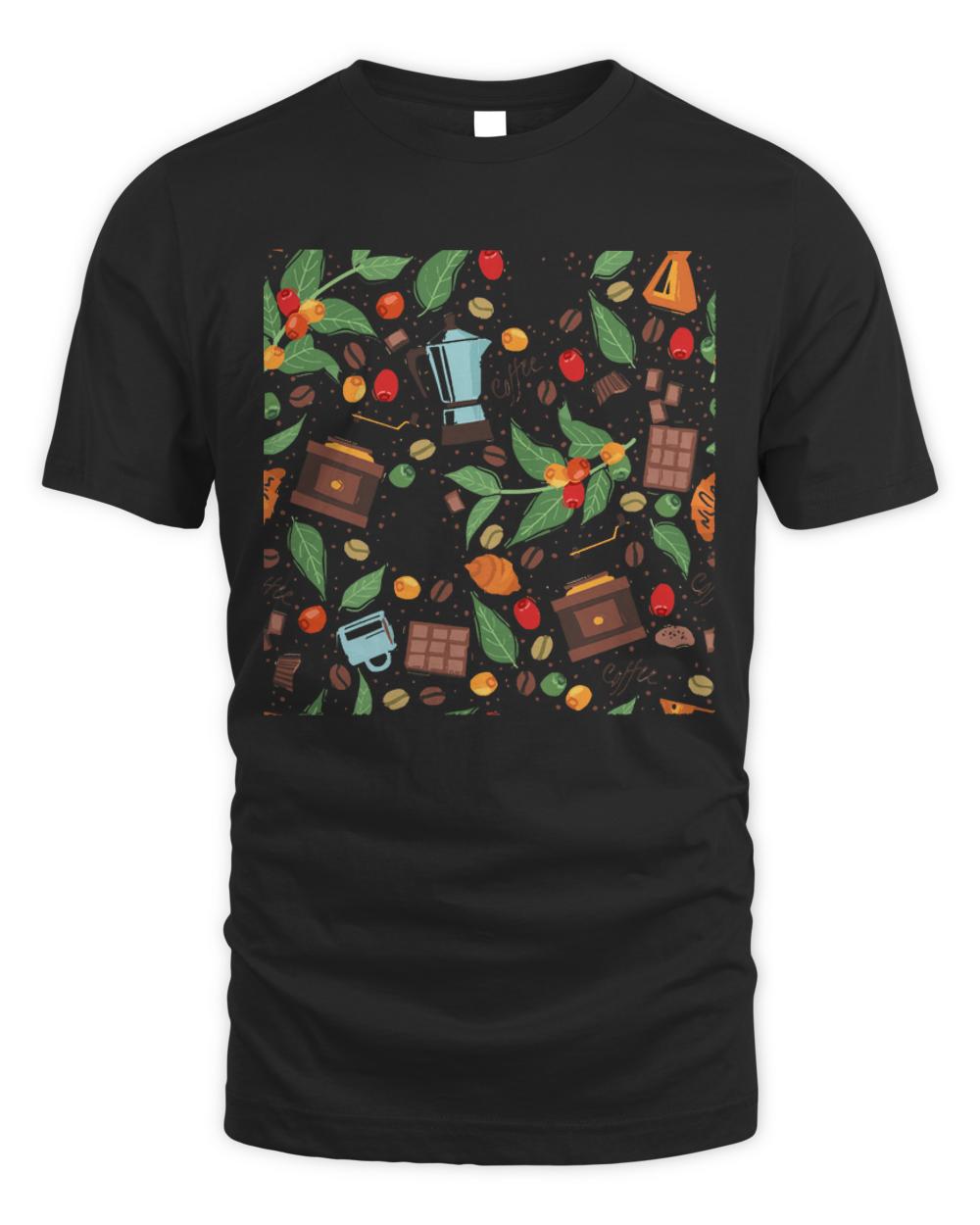 Coffee Chocolate And Beans Pattern T- Shirt Coffee House Pattern T- Shirt