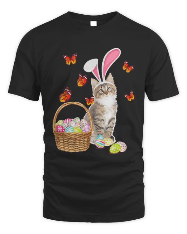 Easter Day T- Shirt Cat Bunny Hat Rabbit Easter Eggs Cat Kitten Lover T- Shirt