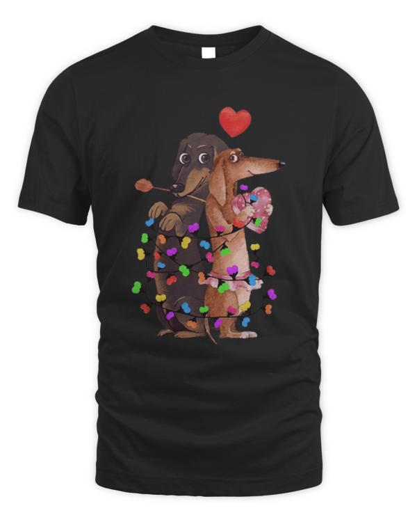 Dachshund Couple With Color Lights T-ShirtDachshund Couple With Color Lights Happy Valentine's Day T-Shirt