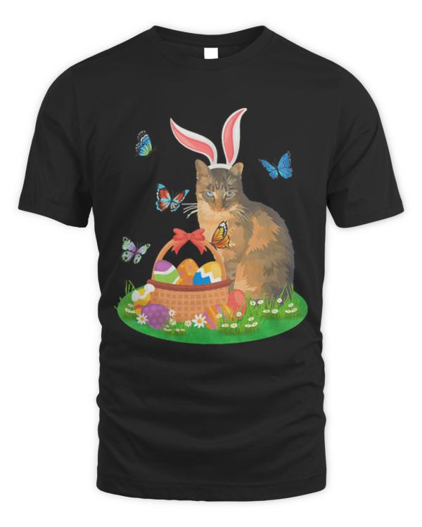 Easter Day T- Shirt Cat With Bunny Ears And Eggs Basket Kids Men Women T- Shirt