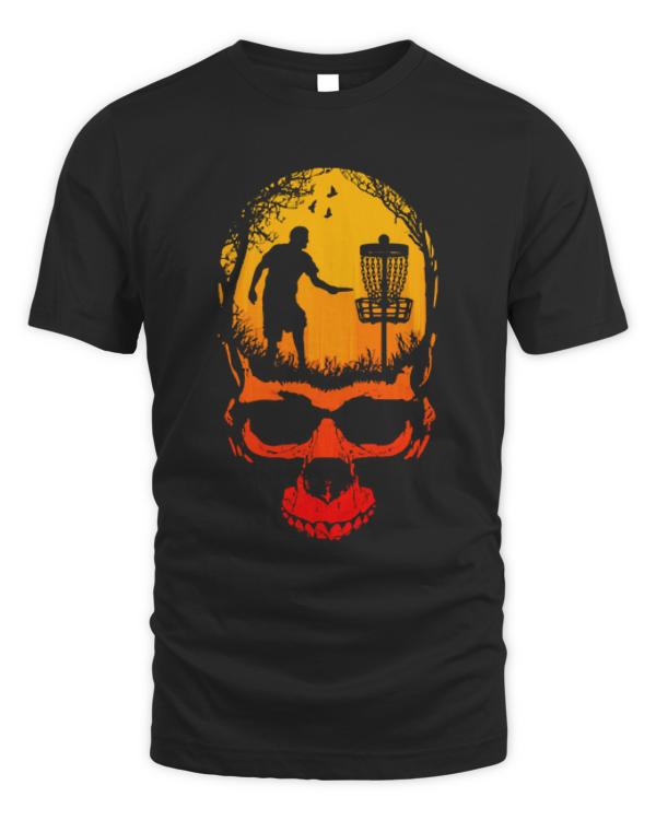 Disc Golf Skull Sunset Halloween T- Shirt Disc Golf Skull Player Retro Sunset Silhouette Halloween T- Shirt (1)
