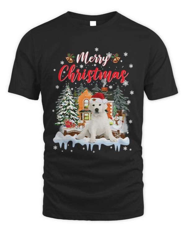White Labrador Santa Merry T- Shirt Red Winter Christmas Hat House White Labrador  Santa Merry T- Shirt
