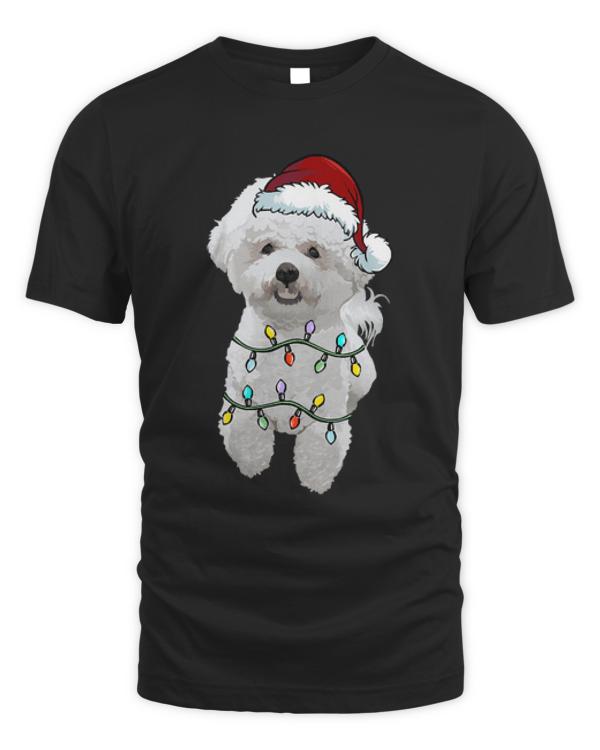 White Bichon Frise Dog T- Shirt White Bichon Frise Dog Santa Christmas Tree Lights Xmas T- Shirt