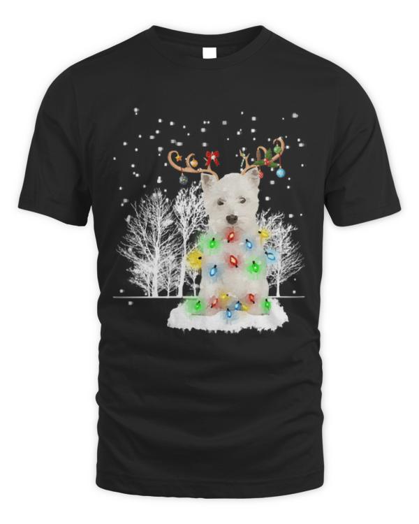 West Highland White Terrier Dog Snow T- Shirt West Highland White Terrier Dog Snow Reindeer Santa Hat Christmas Light Xmas T- Shirt