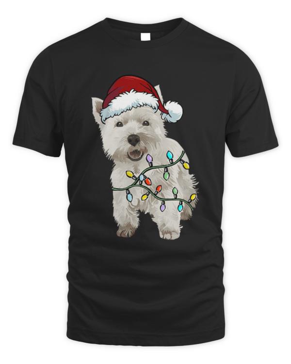 West Highland Terrier Dog T- Shirt West Highland Terrier Santa Christmas Tree Lights Xmas T- Shirt