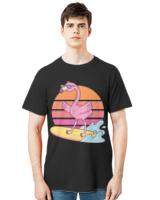 Funny Flamingo T- Shirt Funny Flamingo Surfing On Surfboard Sunset T- Shirt